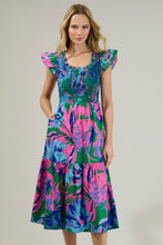 Load image into Gallery viewer, Raylee Floral Wendy Smocked Midi Dress: KELLY-BLUE-MULTI