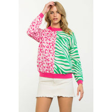 Load image into Gallery viewer, Colorblocked Animal Print Sweater: PINK /green