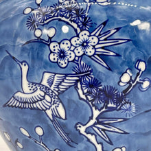 Load image into Gallery viewer, Blue & White Floral Crane Ceramic Chinoiserie Ginger Jar 10"
