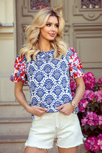 Load image into Gallery viewer, Western Fashion Print Floral Puff Sleeve Frilled Neck Blouse: Blue