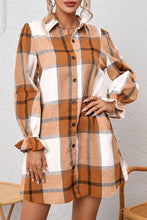 Load image into Gallery viewer, Plaid Pattern Collared Neck Ruffled Sleeve Shirt Dress: Khaki / 65%Polyester+35%Cotton
