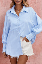 Load image into Gallery viewer, LDC Smocked Cuffed Striped Boyfriend Shirt with Pocket: Sky Blue