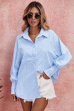 Load image into Gallery viewer, LDC Smocked Cuffed Striped Boyfriend Shirt with Pocket: Sky Blue