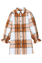 Load image into Gallery viewer, Plaid Pattern Collared Neck Ruffled Sleeve Shirt Dress: Khaki / 65%Polyester+35%Cotton