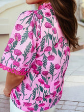 Load image into Gallery viewer, Floral Lace Detail Frilled V Neck Summer Blouse: Pink