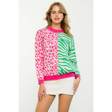 Load image into Gallery viewer, Colorblocked Animal Print Sweater: PINK /green