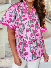 Load image into Gallery viewer, Floral Lace Detail Frilled V Neck Summer Blouse: Pink