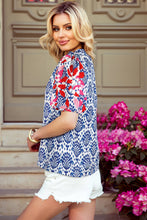 Load image into Gallery viewer, Western Fashion Print Floral Puff Sleeve Frilled Neck Blouse: Blue