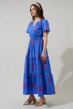 Load image into Gallery viewer, Shayna Floral Palmer Poplin Tiered Maxi Dress: BLUE-PINKS