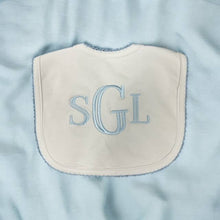 Load image into Gallery viewer, Bib (Picot Trim) Newborn, Baby Gift, Embroidery, Monogram: Blue Trim