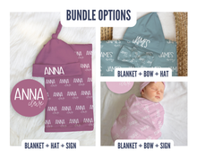 Load image into Gallery viewer, Baby Blanket Set Newborn Baby Swaddle with Hat Personalized : Lavender / Swaddle + Bow + Hat + Sign-Mindy Zietlow only