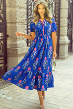 Load image into Gallery viewer, Charlotte Floral Puff Short Sleeve V Neck High Waist Maxi Dress: Sky Blue