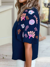 Load image into Gallery viewer, Shellfish Coral Embroidery Puff Sleeve Frilled Neck Blouse: Sail Blue