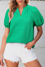 Load image into Gallery viewer, Textured Puff Short Sleeve Notched V Neck Top: Bright Green