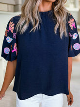 Load image into Gallery viewer, Shellfish Coral Embroidery Puff Sleeve Frilled Neck Blouse: Sail Blue