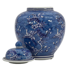 Load image into Gallery viewer, Blue & White Floral Crane Ceramic Chinoiserie Ginger Jar 10"