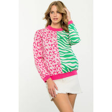 Load image into Gallery viewer, Colorblocked Animal Print Sweater: PINK /green