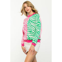 Load image into Gallery viewer, Colorblocked Animal Print Sweater: PINK /green
