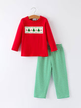 Load image into Gallery viewer, Christmas Tree Smocked Embroidery Green Stripe Boy Set