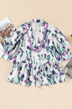 Load image into Gallery viewer, Floral Ricrac Trim Half Sleeve Peplum Top: Purple