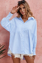 Load image into Gallery viewer, LDC Smocked Cuffed Striped Boyfriend Shirt with Pocket: Sky Blue