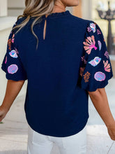 Load image into Gallery viewer, Shellfish Coral Embroidery Puff Sleeve Frilled Neck Blouse: Sail Blue