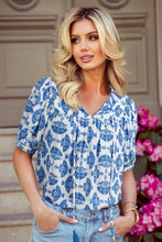 Load image into Gallery viewer, Geometric Print Tassel Drawstring V Neck Blouse: Sky Blue