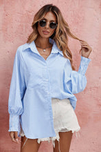 Load image into Gallery viewer, LDC Smocked Cuffed Striped Boyfriend Shirt with Pocket: Sky Blue