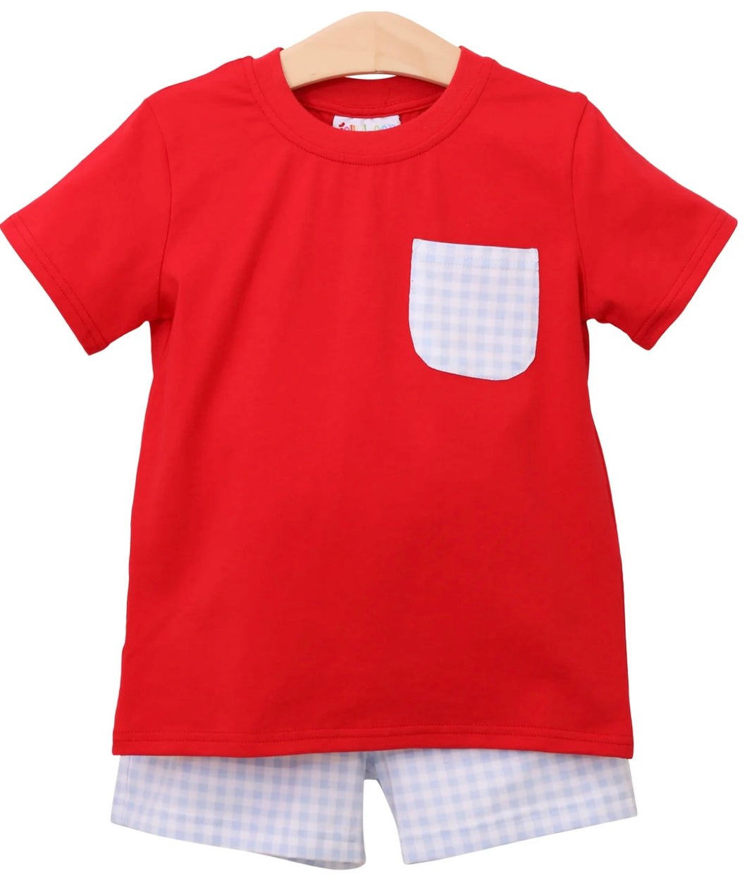 Blue Gingham Pocket red shirt Short Set