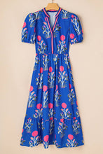 Load image into Gallery viewer, Charlotte Floral Puff Short Sleeve V Neck High Waist Maxi Dress: Sky Blue
