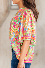 Load image into Gallery viewer, LDC Geometric Print Bell Sleeve O Neck Babydoll Blouse:Multi

