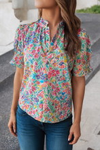 Load image into Gallery viewer, LDC Blooming Print Button Frill Neck Puff Sleeve Blouse: Multi-Colored
