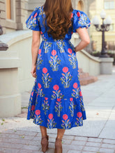 Load image into Gallery viewer, Charlotte Floral Puff Short Sleeve V Neck High Waist Maxi Dress: Sky Blue
