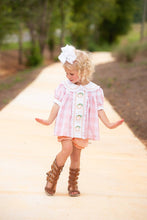 Load image into Gallery viewer, Proper Pumpkins Pink Gingham A-Line Dress and Bloomer Set with Pumpkin Embroidery
