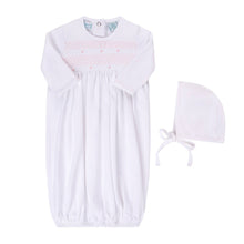 Load image into Gallery viewer, Smocked Bullion Gown w/Hat: White/Pink / NB
