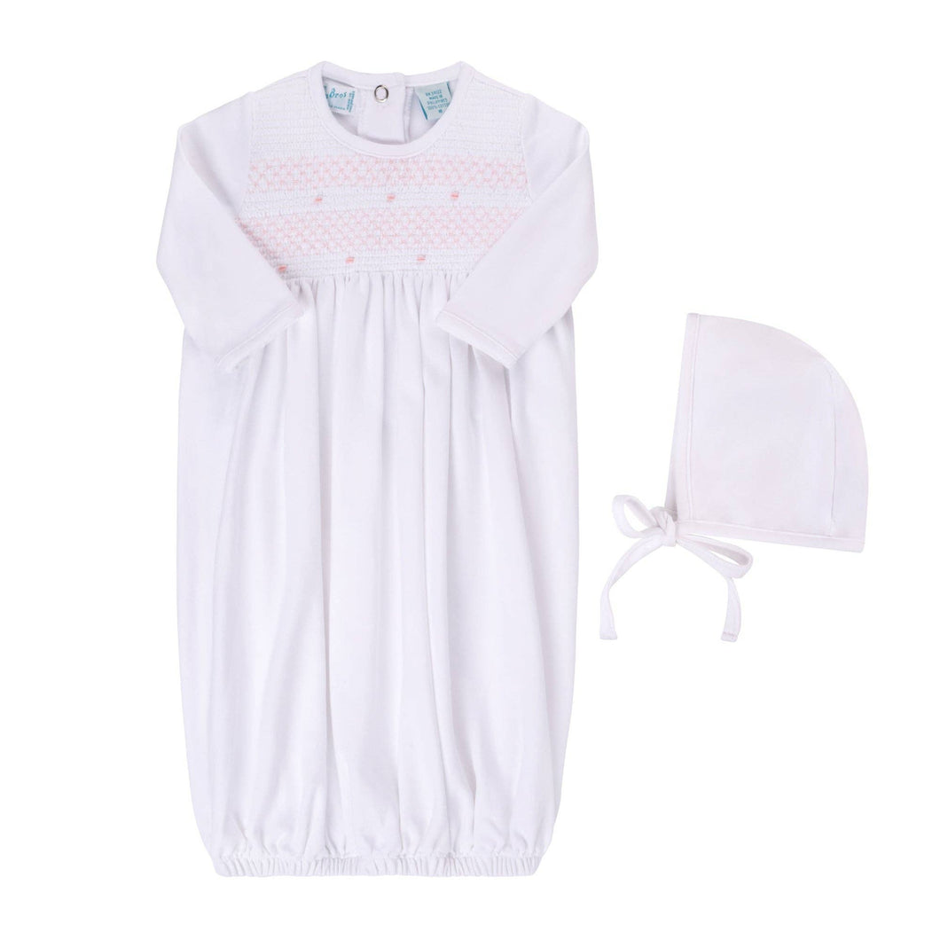 Smocked Bullion Gown w/Hat: White/Pink / NB