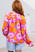 Load image into Gallery viewer, Floral Print Flounce Sleeve Notched Neck Blouse: Rose / 100%Polyester
