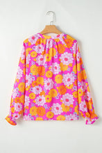 Load image into Gallery viewer, Floral Print Flounce Sleeve Notched Neck Blouse: Rose / 100%Polyester
