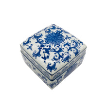 Load image into Gallery viewer, Blue &amp; White Chinoiserie Square Ceramic Box - Lotus
