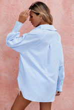 Load image into Gallery viewer, LDC Smocked Cuffed Striped Boyfriend Shirt with Pocket: Sky Blue
