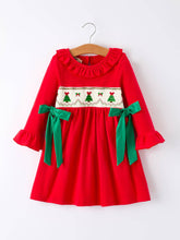 Load image into Gallery viewer, Christmas Smocked Dress with Green Bow and Tree Embroidery
