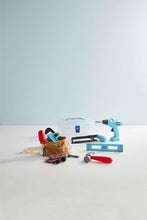 Load image into Gallery viewer, My first Toolbox set : 10-piece plastic play set includes: tool box, wearable tool belt, screwdriver, hammer, drill + bits with noise, level, hacksaw, wood planks, wrench and working nuts and bolts. Ages 3+.
