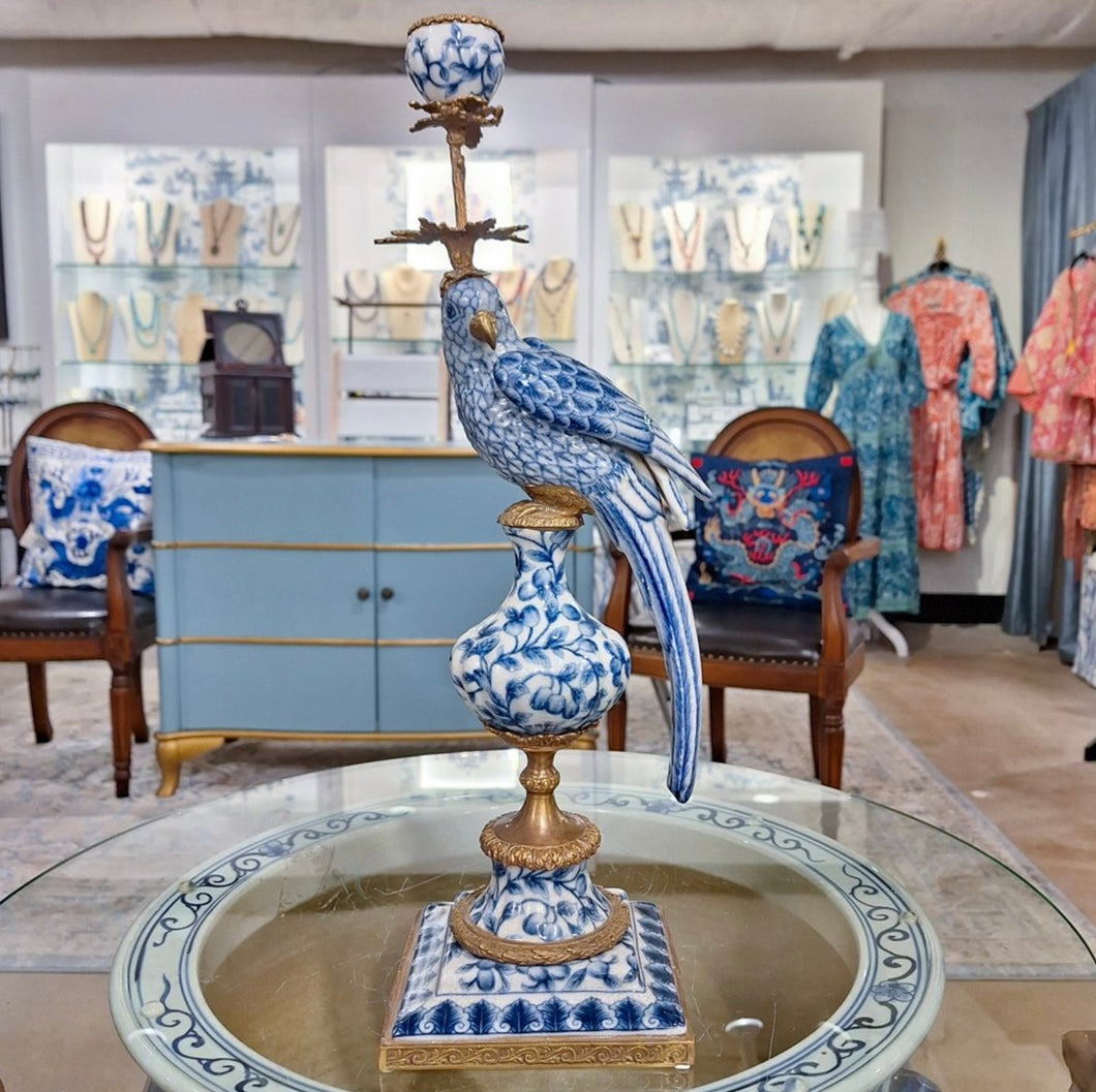 Porcelain blue and white parrot with Bronze ormolu set-right and left candlestick