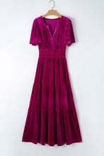 Load image into Gallery viewer, Velvet Shirred Waist Tiered Maxi Dress: Red Dahlia / 95%Polyester+5%Elastane
