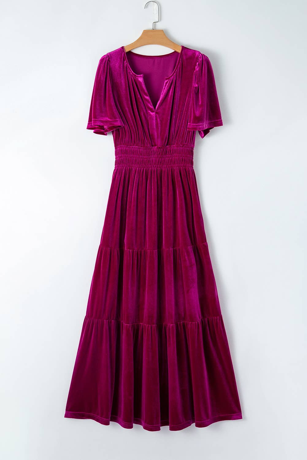 Velvet Shirred Waist Tiered Maxi Dress: Red Dahlia / 95%Polyester+5%Elastane