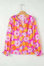 Load image into Gallery viewer, Floral Print Flounce Sleeve Notched Neck Blouse: Rose / 100%Polyester
