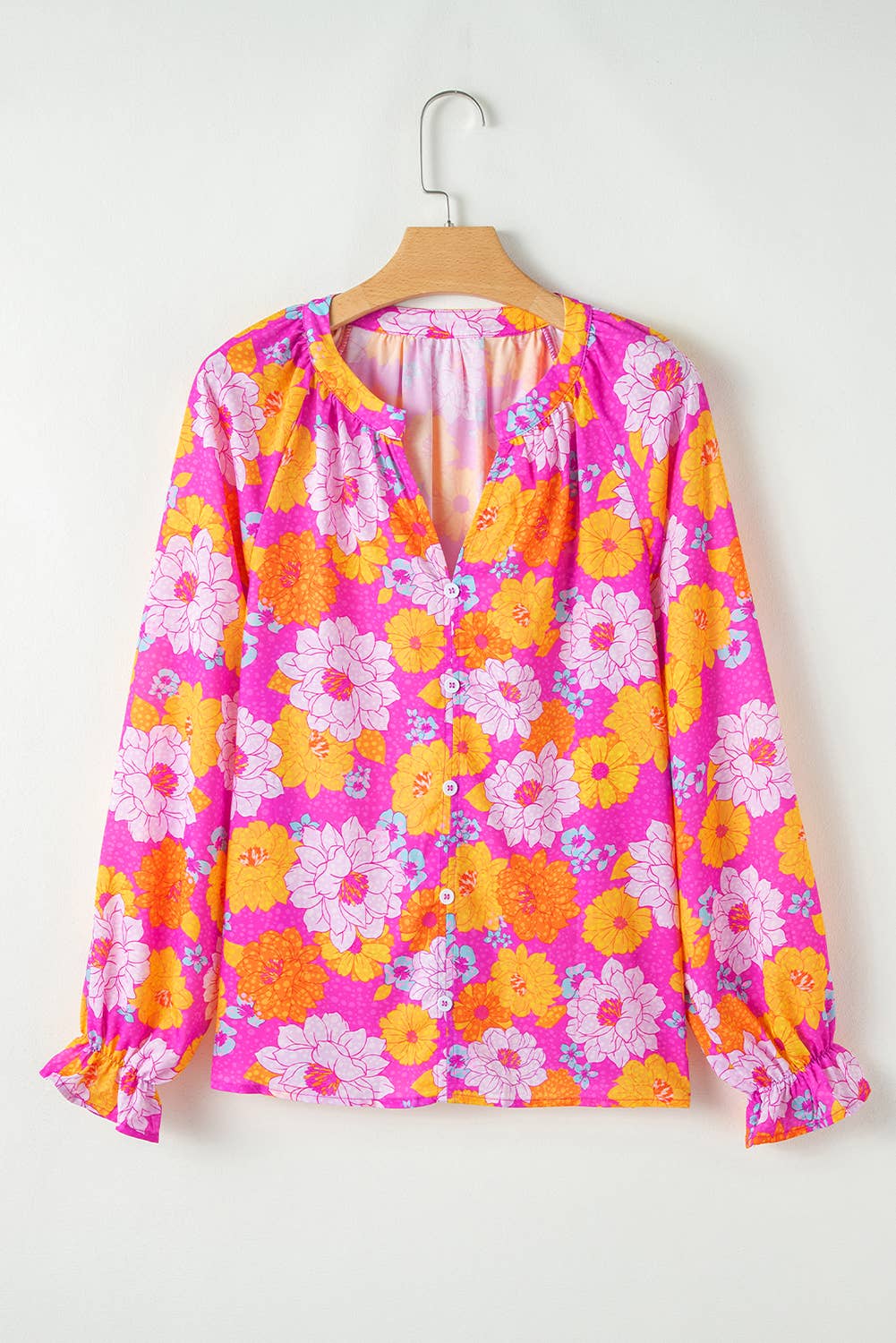 Floral Print Flounce Sleeve Notched Neck Blouse: Rose / 100%Polyester