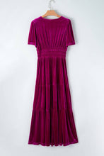 Load image into Gallery viewer, Velvet Shirred Waist Tiered Maxi Dress: Red Dahlia / 95%Polyester+5%Elastane
