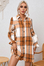 Load image into Gallery viewer, Plaid Pattern Collared Neck Ruffled Sleeve Shirt Dress: Khaki / 65%Polyester+35%Cotton
