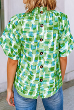 Load image into Gallery viewer, LDC Abstract Button Back Ruffed High Neck Blouse in green
